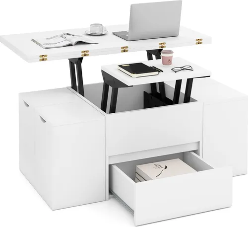 COSTWAY 3-in-1 Couchtisch mit 4 Hockern, höhenverstellbar, Weiß