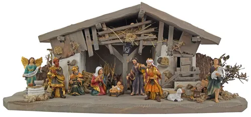 Stilvolle Weihnachtskrippe Breitenbrunn mit 11-tlg. Figurensatz K 604 - Krippen: Handgefertigte, traditionelle Weihnachtskrippe aus Holz mit 11 Figuren, ideal für festliche Dekoration und familiäre Zusammenkünfte.