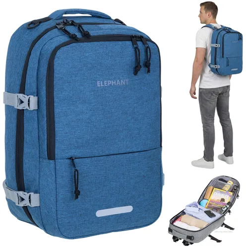Elephant Fly Medium Large Reiserucksack - Leichter Handgepäck-Rucksack in Blau, ideal für Reisen. Mit 2 Hauptfächern, Laptopfach (15,6