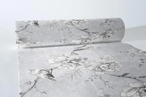Sovie HORECA Tischläufer aus Linclass® Airlaid, 40cm x 24m, stoffähnliche Tischdecke ideal für Hochzeiten Geburtstage Jubiläen, filigranes Blütendesign mit Vogelmotiv, 1 Stück - Maylin in Hellgrau