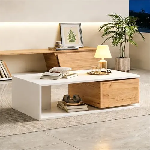 BTM Kaffeetisch 90x50x30cm mit Drehschublade und Stauraum, Weiß+Holzfarbe