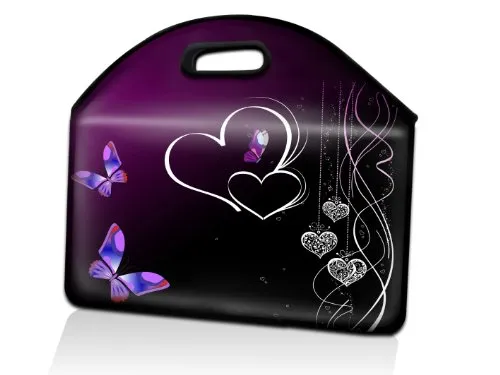 wortek Universal Notebooktasche Handtasche Schutzhülle aus Neopren integrierter Tragegriff für Laptops bis ca. 15,4 Zoll - Schmetterling Herzen Schwarz Lila