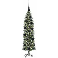 vidaXL Künstlicher schlanker Weihnachtsbaum 120 cm – Grün und Weiß - Stylischer und platzsparender Weihnachtsbaum für kleine Räume, mit 183 lebensechten PVC-Spitzen und 150 warmweißen LED-Lichtern für eine festliche Atmosphäre.