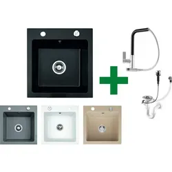 Hochwertige Granitspüle 48x50 mit Armatur Side - Eckige Küchenspüle aus langlebigem Granit, reversibel montierbar und hitzebeständig bis 280°C. Ideal für Unterschränke ab 45 cm, inklusive Siphon Set für sofortigen Anschluss.