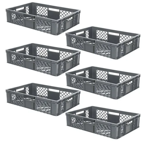 BRB-Lagertechnik Stapelbox 6x Eurobehälter - Stapelbox aus robustem, lebensmittelechtem Kunststoff, ideal für Lagerung und Transport von Lebensmitteln. Mit optimaler Luftzirkulation und stabilen Handgriffen, spülmaschinenfest und temperaturbeständig.
