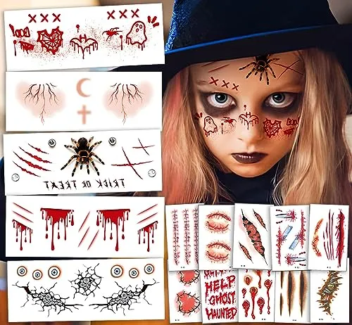 Halloween Temporäre Tattoos 260+ Stück - 30 Blatt Narben Tattoo + 6 Blatt Gesichtstattoo für Kinder und Erwachsene