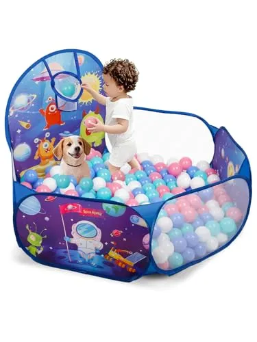 Raketenschiffe bällebad baby für Kleinkind mit Basketball-Ring Klappbarer Pop-Up bällebad kinder für Mädchen Jungen Indoor Outdoor Spiel Hund Ballbad 120 cm Breite Spielhauszelt Bälle NICHT enthalten