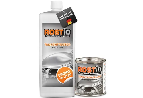 Rostio Tankentroster Set - 1 Liter Konzentrat + 250ml Tankversiegelung - Rostentferner für Tanks, entfernt Rost effektiv und schützt mit der Tankversiegelung vor zukünftigen Schäden. Ideal für die Wartung von Fahrzeugtanks.