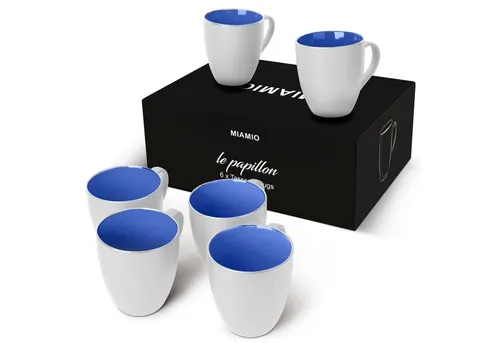 MiaMio Tasse Set 6 x 350 ml – Kaffeetassen in Weiß und Blau - Tassen Set aus 6 hochwertigen Steingut-Tassen, farbenfrohes Innenleben und edles matt-weißes Äußeres, perfekt für den Alltag und als Geschenk.