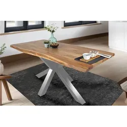 Esstisch 220 x 100 cm Tim, Baumkantentisch naturfarben, Akazienholz massiv, Spider-Gestell aus Metall Silber - Braun