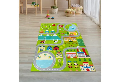 Carpetia Kinderteppich Rutschfester Kinderteppich strapazierfähig mit Stadt Motiv in Grün, rechteckig, Höhe: 5 mm