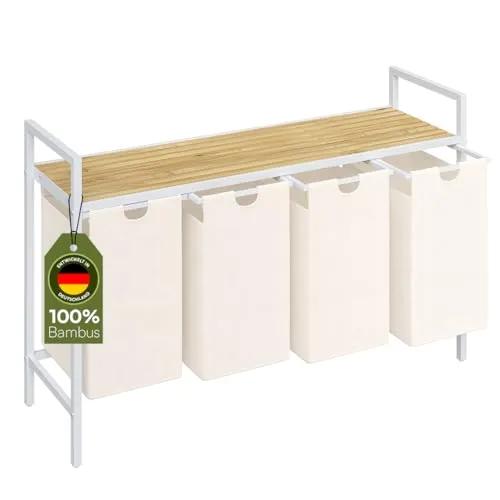STEELSØN Rigil Wäschekorb 4 Fächer - Wäschebox mit 4 herausnehmbaren 40L Wäschesäcken und stilvoller Bambusablage – ideal für die ordentliche Wäscheorganisation in Bad oder Schlafzimmer.