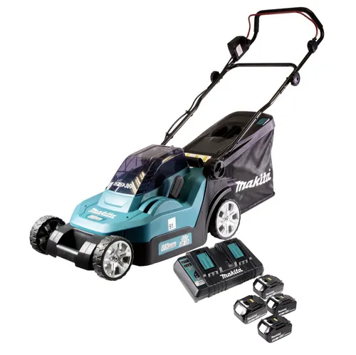 Makita DLM 432 PF4 Akku Rasenmäher 36 V - Elektrorasenmäher mit 43 cm Schnittbreite, 2x18 V Antrieb und 4x 3,0 Ah Akkus für effizientes Mähen kleiner bis mittlerer Rasenflächen, umweltfreundlich und platzsparend faltbar.