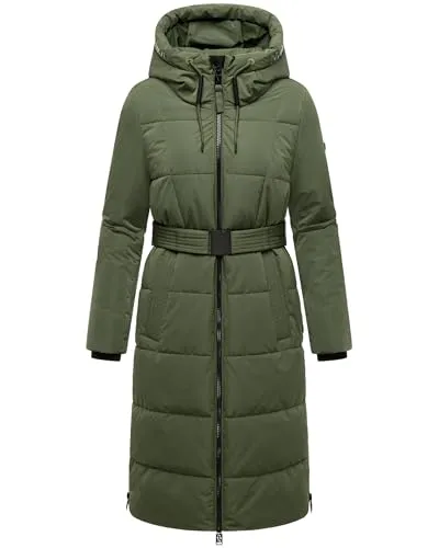 Navahoo Damen Langer Wintermantel warmer Steppmantel mit Kapuze und Taillengürtel Herbstnebel 14 Pine Olive Gr. L