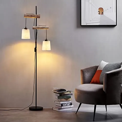 Osasy Stehlampe Vintage Stehleuchte Holz & Metall, Wohnzimmer Stehleuchte 169 cm Höhe, 2 flammige E27 Moderne Standleuchte für Schlafzimmer,Büro,Studio Sofa Deko(ohne Glühlampe)