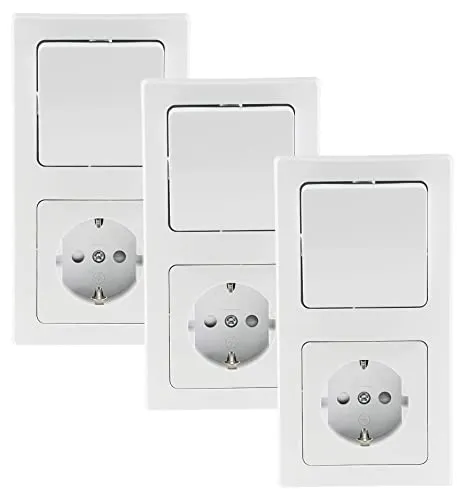 ChiliTec Steckdose mit Lichtschalter im Doppelrahmen Delphi 230V 2-Fach Kombination Schutzkontakt-Steckdose mit Wechsel-Schalter Rahmen Komfort Klemm Anschluss - 3 Sets Weiß