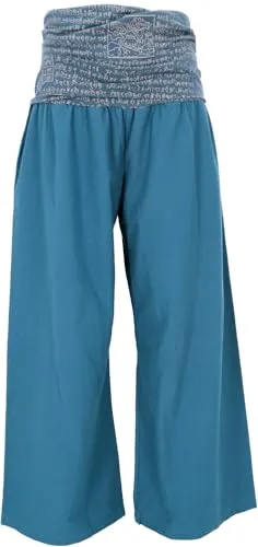 GURU SHOP Weite Marlenehose - Buddha Wellnesshose in Orion Blue - Yoga-Hose für Damen aus Baumwolle mit weitem Bein und flexiblem, bedrucktem Bund für optimalen Tragekomfort und Stil.