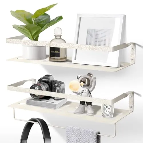 Uten Wandregal Metall, Bad Regal Kücheregal 2er Set, Metallregal Wand 40cm mit Handtuchhalter, für Wohnzimmer, Küche, Badezimmer, Arbeitszimmer, Schneeflockenweiß