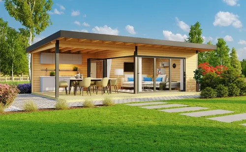 Gartenhaus Blockhaus Pultdach 70 mm Domeo 10 - Gartenhaus mit 19,01 m² Nutzfläche und abschließbarer Falttür, ideal für Gartenliebhaber und als Freisitz, aus robustem Holz mit 5 Jahren Herstellergarantie.