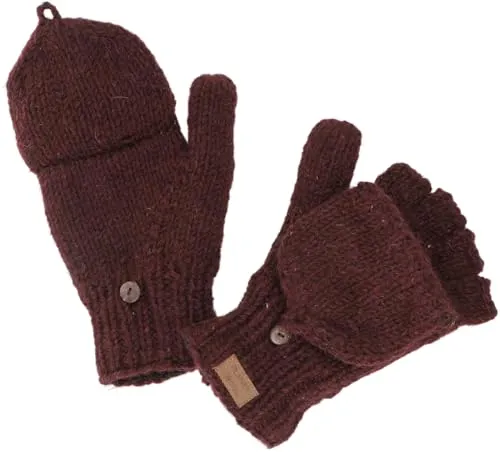 GURU SHOP Handgestrickte Klapphandschuhe - Bordeaux - Wollhandschuhe für Herren/Damen mit praktischer Klappe für Fingerfreiheit. Fleecegefüttert und dehnbar, ideal für kalte Tage und kleine Tätigkeiten.
