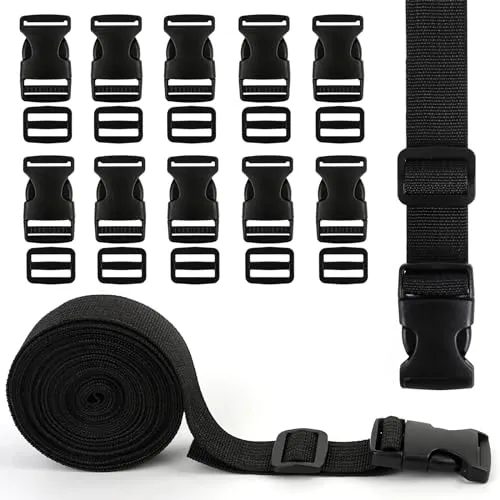 LDERFIV 5M Gurtband 25mm Schwarz Nylon, Strapazierfähiges Gurtband Mit Side Release Schnallen Clips 10 Stück, Polypropylen Gurte für Tasche und Gepäck Befestigung