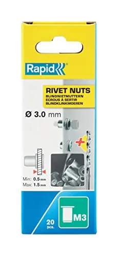Rapid Nietmuttern M3, 0,5-1,5mm Klemmbereich, 20 Stk. Gewindenieten Stahl, Set inkl. Bohrer, für Nietmutternzange