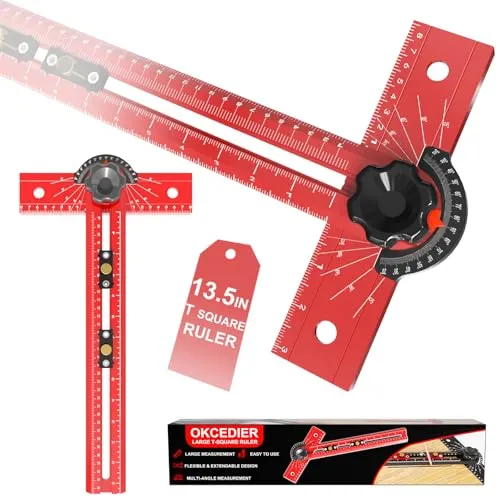 T Lineal Streichmaß 34cm Präzisions-Winkelmaß für Holzarbeiten, Anschlagwinkel 15-165° Heimwerken mit Bohrloch-Schablone, Aluminium Zimmermannswinkel für Tischlerei, Trockenbau, Architektur, Modellbau