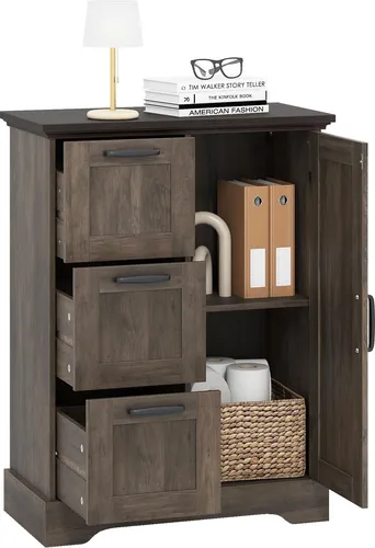 COSTWAY Küchenschrank mit Türen & 3 Schubladen, Grau