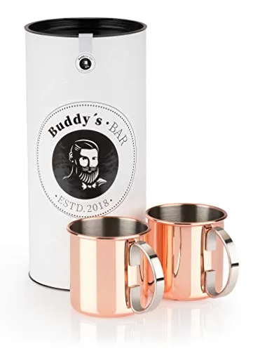 Buddy´s Bar - Moscow Mule Becher, 450 ml, hochwertiger Edelstahl-Becher, lebensmittelecht, Cocktail-Tasse inklusive Geschenkbox, Kupfer Poliert, 2er Set