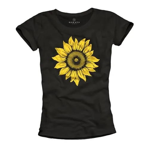MAKAYA Sonnenblumen Shirt Damen Sunsflower Motiv Grafik Blumen Print Damenshirt Sommer Oberteile Flower Blume Exotisch Schwarz Größe L
