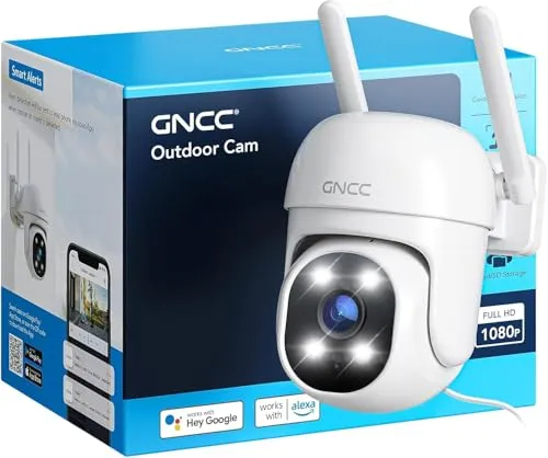 GNCC GK2 WLAN Überwachungskamera Aussen mit KI-Bewegungserkennung, 1080P, 360°-Schwenk-Neige-Funktion, IP65 wasserdicht, Farb-Nachtsicht, Zwei-Wege-Audio, Cloud- & SD-Karten-Speicher