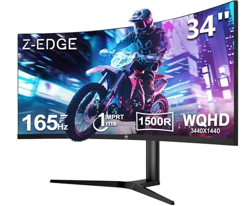 Z-Edge 34 Zoll Ultrawide Curved Gaming Monitor 165Hz (DP) 100Hz (HDMI) 1ms MPRT, 21:9 WQHD 3440x1440 R1500 Curved VA Panel, Höhenverstellbar, FreeSync, HDMI, DisplayPort, Pip & PBP, Schwarz