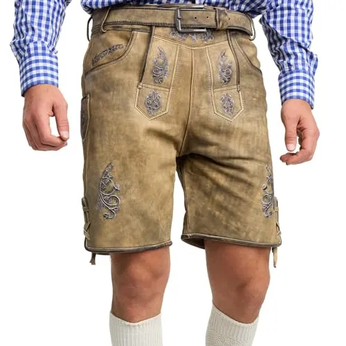 STEIGENHÖFER Vintage Trachten Lederhose für Herren – Antik-Look mit Gürtel, echtes Premium Leder - 🍺 ECHTES PREMIUM LEDER: Diese handgefertigte Lederhose vereint traditionelles Design mit modernem Tragekomfort. Ideal für Oktoberfest und festliche Anlässe. In drei Farben erhältlich und mit verstellbarem Gürtel für perfekten Sitz.
