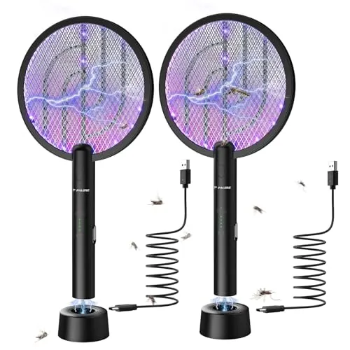 PALONE 2er Elektrische Fliegenklatsche, 4000V Wiederaufladbar Insektenvernichter UV Elektrischer Mückenklatsche USB Fliegenfänger Insektenfalle mit Basis - Schwarz