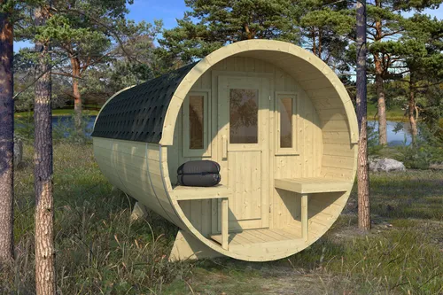 Camping Fass Modell 480 – Hochwertiges Fichtenholz - Bausatz aus robustem Fichtenholz, inklusive isolierter Eingangstür und Fenstern. Ideal für entspannte Camping-Ausflüge mit langlebiger Bauweise und hochwertiger Innenausstattung.