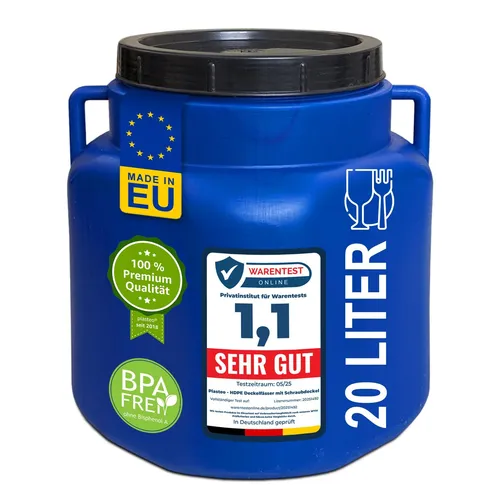 plasteo® 20 Liter Weithalsfass mit Deckel und Griffen Eckig Blau, Lebensmittelecht BPA-Frei, Futtertonne Kunststofffass Universalfass Deckelfass
