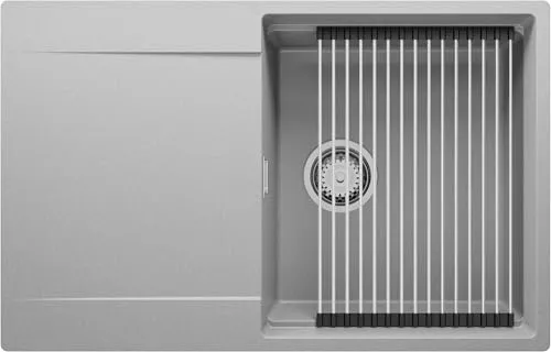 PRIMAGRAN Spülbecken Grau 78x50cm, Granitspüle 1 Becken + Ablauf-Set + Aufrollbare Abtropffläche, Küchenspüle ab 50er Unterschrank - San Francisco S023