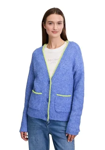 Cartoon Damen Strick-Cardigan mit V-Ausschnitt in Blue/Yellow