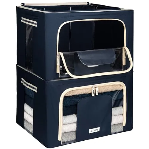 4CONVY feste faltbare Kleideraufbewahrung Box mit Reißverschlüss, Metallrahmen - [2024 VERBESSERTES MATERIAL] Aufbewahrungstasche für Bettdecken – stabile Aufbewahrungsbox für Kleidung - 2x66L