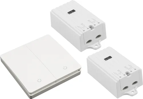 McPower Funk-Schalter Set Kinetic | 2x Empfänger + 2-fach Wandtaster - Smart Home Haussteuerung ohne Batterien! Flexibel platzierbarer Wandtaster und 2 Unterputz-Empfänger mit 230V-Anschluss für einfache Nachrüstung und bis zu 200m Reichweite.