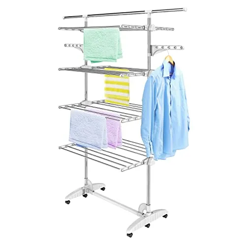 Todeco Wäscheständer Turm Klappbar, Wäscheturm 4 Ebenen aus Edelstahlrohre, Turmtrockner mit 6X Rollen, Flügel, Obene Teleskopstange, Mobiler Turmwäscheständer für Balkon Wohnzimmer Badewanne,Weiß