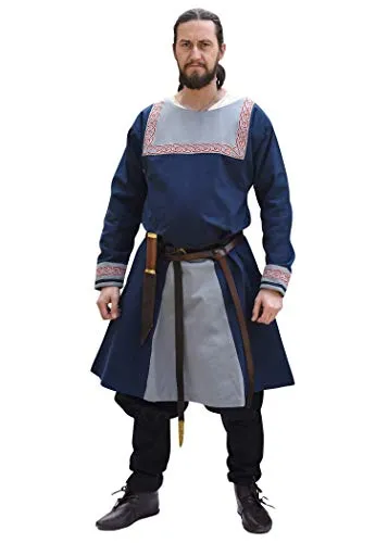 Battle-Merchant Wikinger Tunika mit Stickerei - Herren Langarm Kostüm (Blau, L) - Authentische Wikinger Tunika aus 100% Baumwolle mit historischer Stickerei, ideal für LARP, Karneval oder Mittelalter-Events. Weit geschnitten für optimalen Tragekomfort.