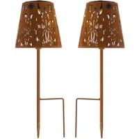 Marelida LED Solar Gartenleuchten Blumen Gartenstecker 2er Set Rostbraun - Dekorative LED Solar Gartenstecker in Rostoptik - 2er Set, H: 58cm/35cm. Ideal für stimmungsvolle Beleuchtung in Garten und auf Terrasse. Mit Dämmerungssensor und Solarpanel für mühelose Energieversorgung.