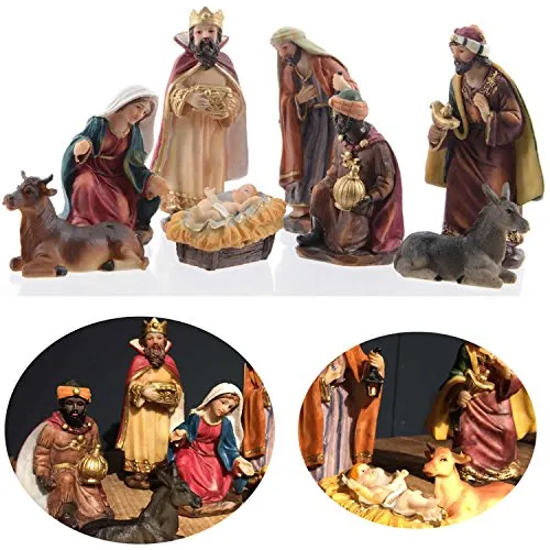 LS-LebenStil Krippenfiguren Set 11cm 8 Figuren bunt Krippe Krippenset handbemalt Weihnachtskrippe detailgetreue einzelne Charaktere Weihnachten Tisch Dekoration Krippen Zubehör