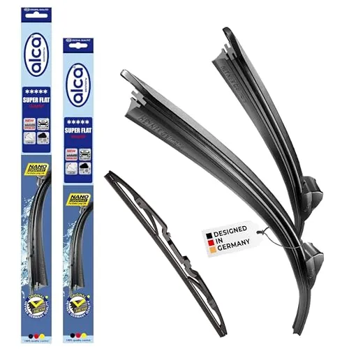alca® Scheibenwischer Set für MAZDA 3 (09.2013-05.2019) - SUPER FLAT Flachbalkenwischer - Ersatzwischblätter für MAZDA 3, passgenaues Set mit 2x Scheibenwischer und 1x Heckwischer. NANO-Graphit-Technologie sorgt für leises, streifenfreies Wischen bei allen Witterungsbedingungen.