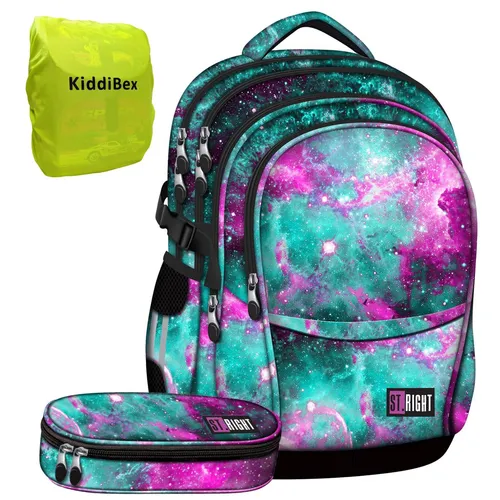 KiddiBex Schulrucksack Teenager Mädchen Schulranzen ab 5. Klasse mit Brustgurt (Set, 3-tlg., Schulrucksack, Federmäppchen, Regenschutz), Rucksack Schule Schultasche Mädchen, Ergonomischer Schulranzen Weltall