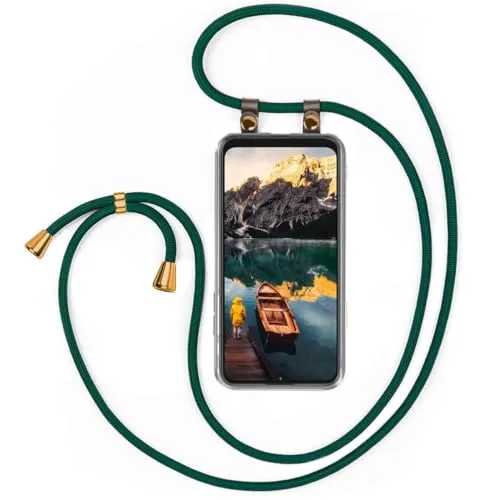 moex Handykette für Motorola Moto G9 Play Hülle mit Band abnehmbar, Handyhülle mit Kette zum Umhängen, Handyband 155 cm lang Stoff Kordel Umhängehülle, Handy Umhängeband, Grün