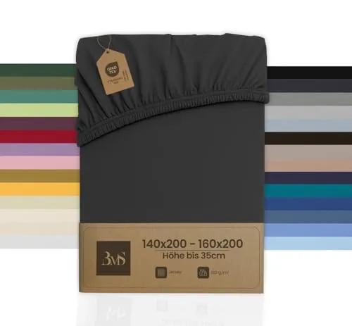 Bettwaesche-mit-Stil Spannbettlaken Jersey Spannlaken Spannbetttuch (140x200-160x200 cm, Matratzenhöhe bis 35cm, Anthrazit) Gewicht: 180g/m², 90% Baumwolle 10% Elasthan