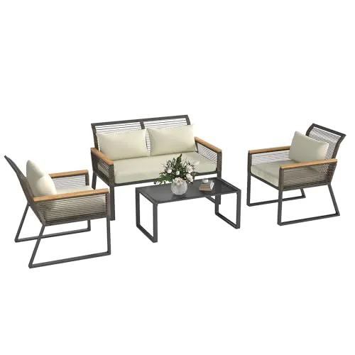 Outsunny Polyrattan Gartenmöbel Set für 4 Personen - Vielseitiges Unterhaltungsset für die Terrasse: Wetterfestes Sofa, zwei Stühle und Glastisch bieten Komfort und Stil für jede Jahreszeit – ideal für entspannte Abende im Freien.