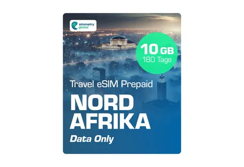 Simmetry Travel eSIM Nordafrika - 10 GB Prepaidkarte - Prepaidkarten für Nordafrika mit 10 GB Datenvolumen, nahtlose Verbindung ohne Roaming-Gebühren – ideal für Reisende, die online bleiben möchten.